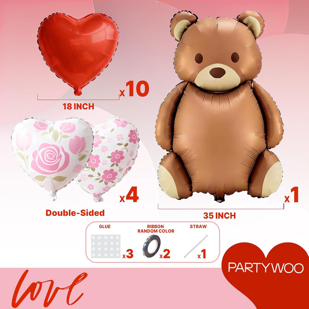 PartyWoo Valentine's Balloons - 15pcs Foil Bear & Red Heart Balloons | 24 & 18 Inch for Romantic Celebrations