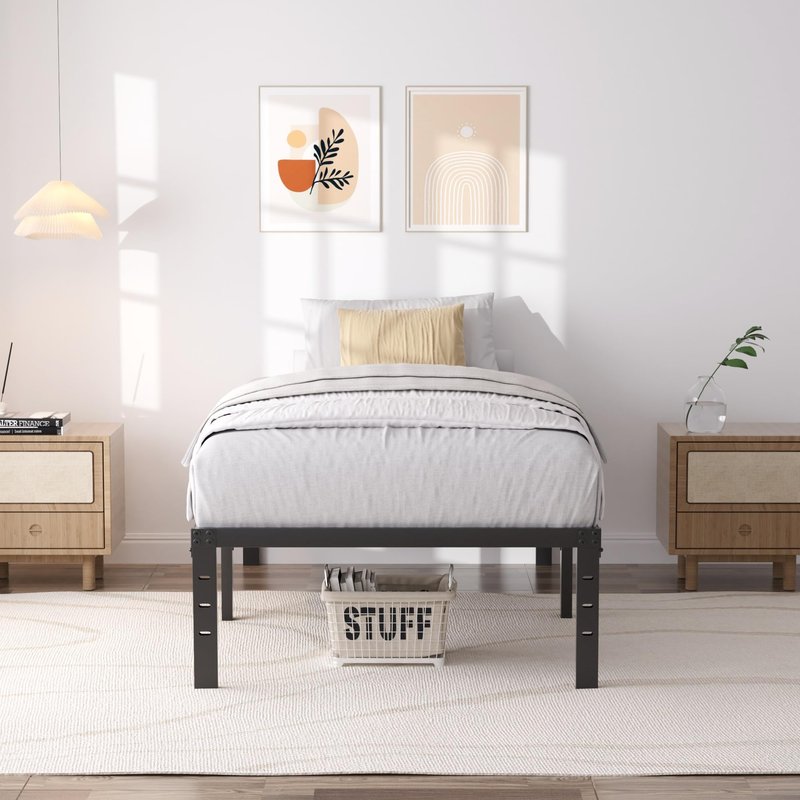 SHLAND Bed Frame Twin, 18 Inch Metal Twin Platform Bed Frame No Box Spring Needed, Mattress Foundation, Storage Space, No Noise, Easy Assembly