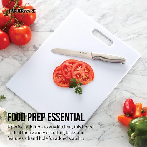 Farberware Large Cutting Board - Dishwasher-Safe Plastic Chopping Board with Easy Grip Handle | 11" x 14", White