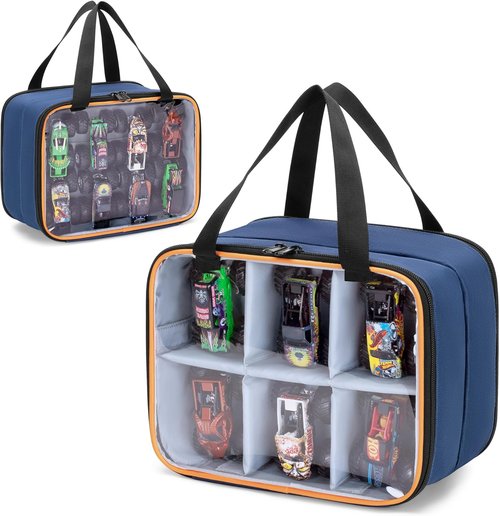 LUXJA Double Layer Storage Bag - PVC Carrying Case for Hot Wheels Monster Trucks | Holds 14 Cars, Blue