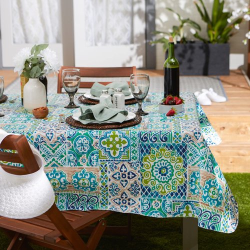 DII Spanish Tile Print Collection, Flannel Backed Tablecloth, 60 x 84, Multi Color