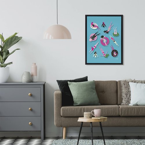 Kate and Laurel Sylvie Swimming Ladies Magenta and Blue Framed Canvas Wall Art by Cat Coquillette, 18x24 Black, Colorful Feminine Art for Wall