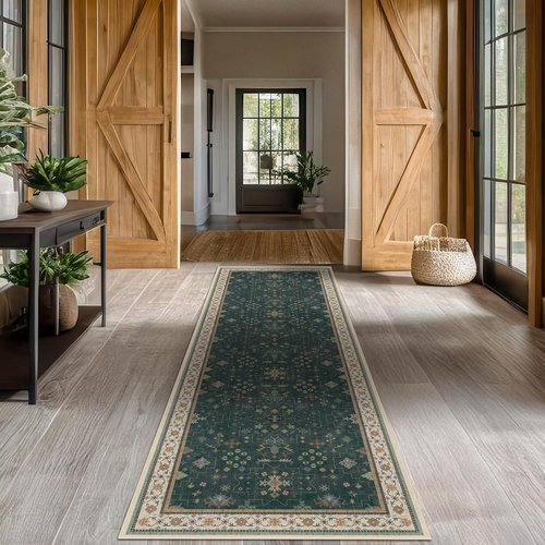 Hazo Haus Dark Green Kitchen Rug - Modern Vintage Boho Floral Design, 10 ft Long, Washable Non-Slip Runner
