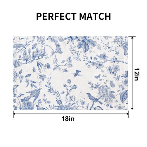 QIYI Boho Placemats Set of 4, 12x18 Inch Linen Fabric Place Mats for Kitchen Dinning, Farmhouse Rustic Floral Cloth Table Mats, Washable Placemat Botanical Party Table Décor, Blue Garden