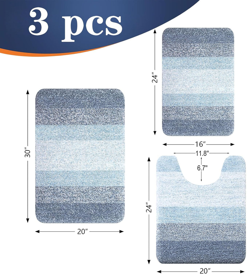 OLANLY Bathroom Rugs Set - Soft Absorbent Microfiber Mats & U-Shaped Contour Rug | 3-Piece Blue Set (30"x20"+24"x16"+24"x20")