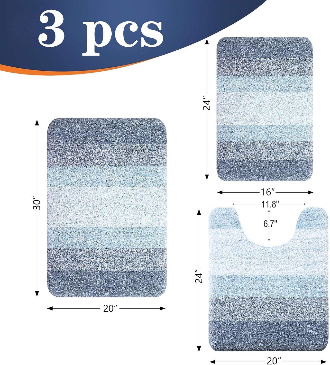 OLANLY Bathroom Rugs Set - Soft Absorbent Microfiber Mats & U-Shaped Contour Rug | 3-Piece Blue Set (30"x20"+24"x16"+24"x20")