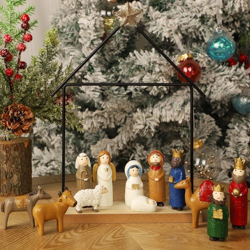 Juegoal Mini Nativity Set - 13 Resin Figurines for Christmas Decor | Holy Family Table Ornaments
