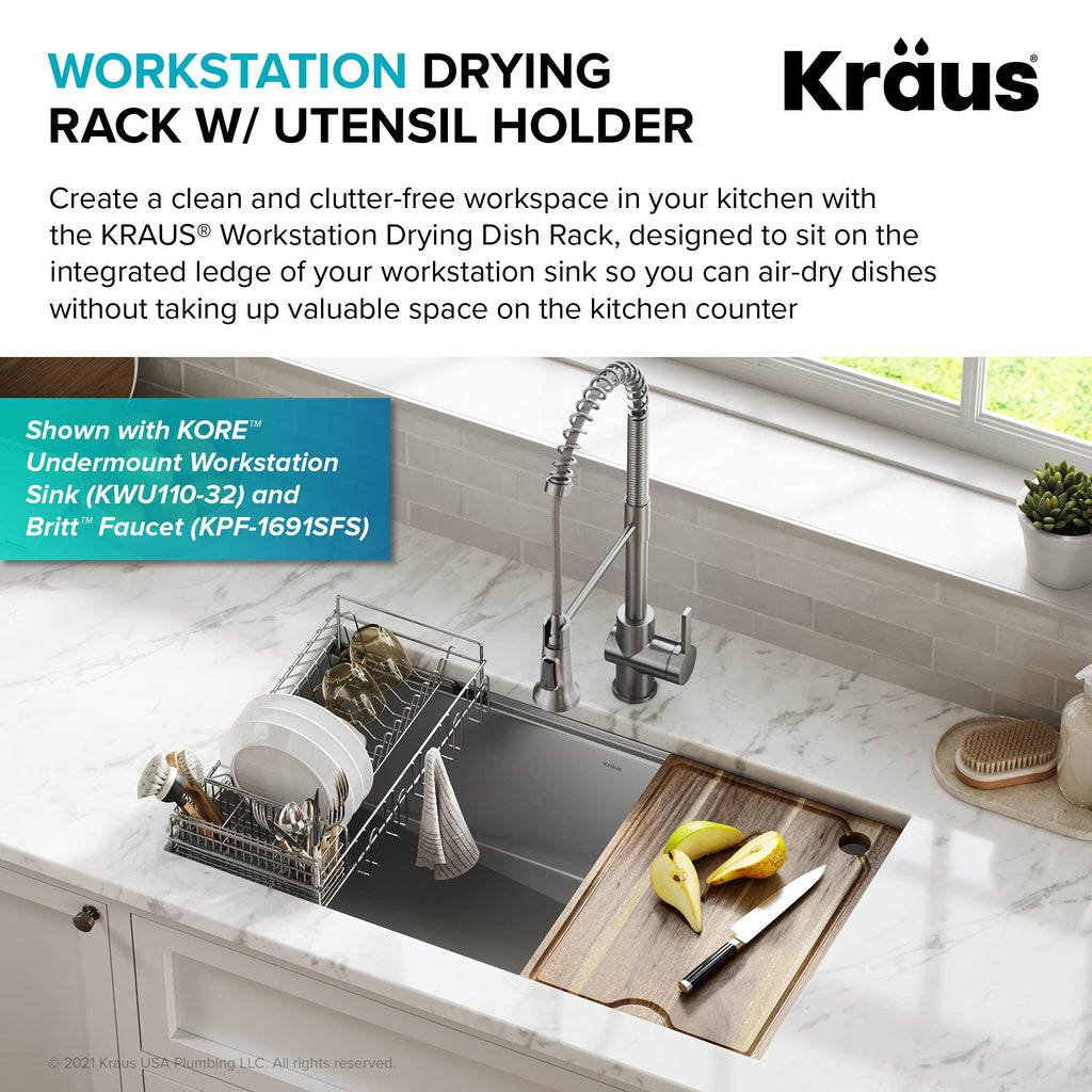 Kraus Workstation Kitchen Sink Dish Drying Rack Drainer and Utensil Holder, 17" L x 9" W, Stainless Steel, KDR-3