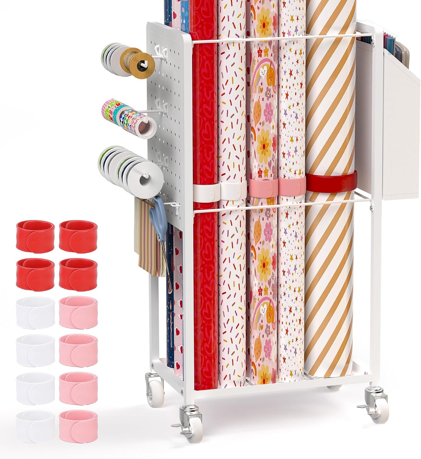 Skiennix Gift Wrapping Station - 12PCS Slap Bands & Rolling Paper Cart Organizer | Christmas Craft Storage