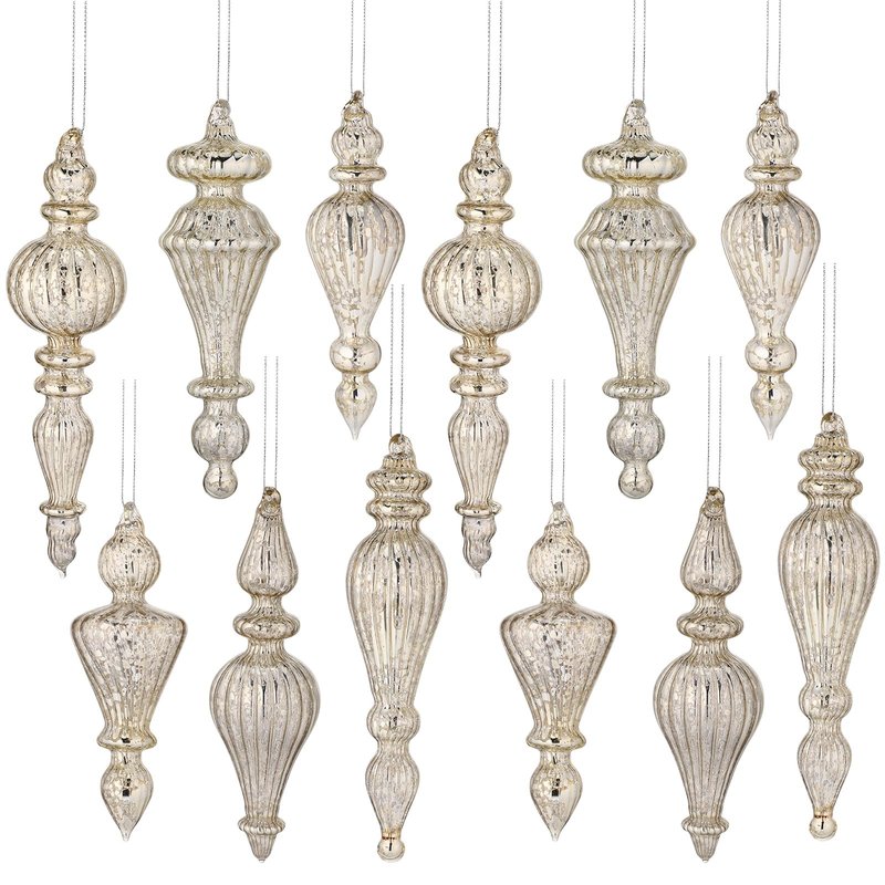 Suttmin 12 Pcs Crystal Glass Finial Christmas Ornaments Large Hanging Christmas Finials Hanging Christmas Tree Decorations for Xmas Tree Decoration Holiday Decor (Silver)