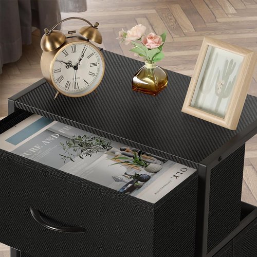 MOOACE 5-Drawer Dresser - Tall Fabric Storage Organizer with Wooden Top - Black Metal Frame