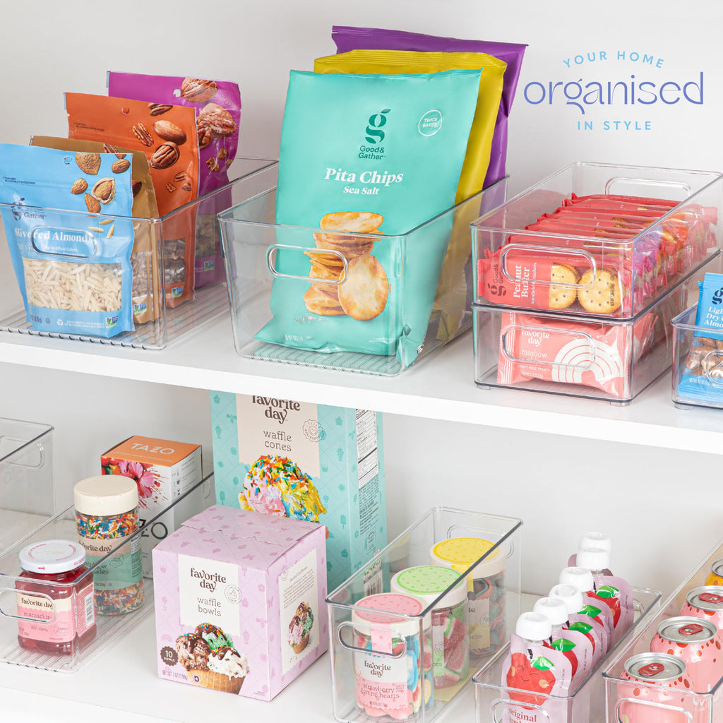 Plastic Food Storage 8 Pack Clear Container Bin with Handles for Organizing Kitchen, Pantry, Refrigerator, Freezer, Pantry, Cabinet, Closet, Bathroom. 10”x7.5”x5.3”