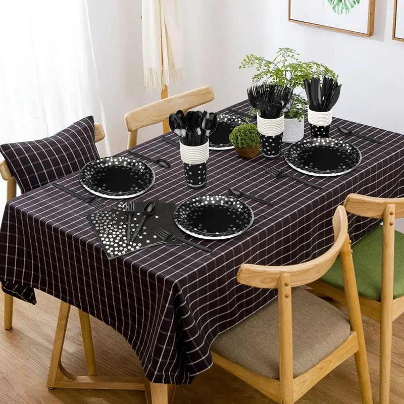 175PCS Black & Silver Party Supplies - Silver Dot Disposable Dinnerware - Black Paper Plates, Napkins, Cups, Plastic Forks, Knives, Spoons for New Year, Wedding, Graduation, Birthday Parties