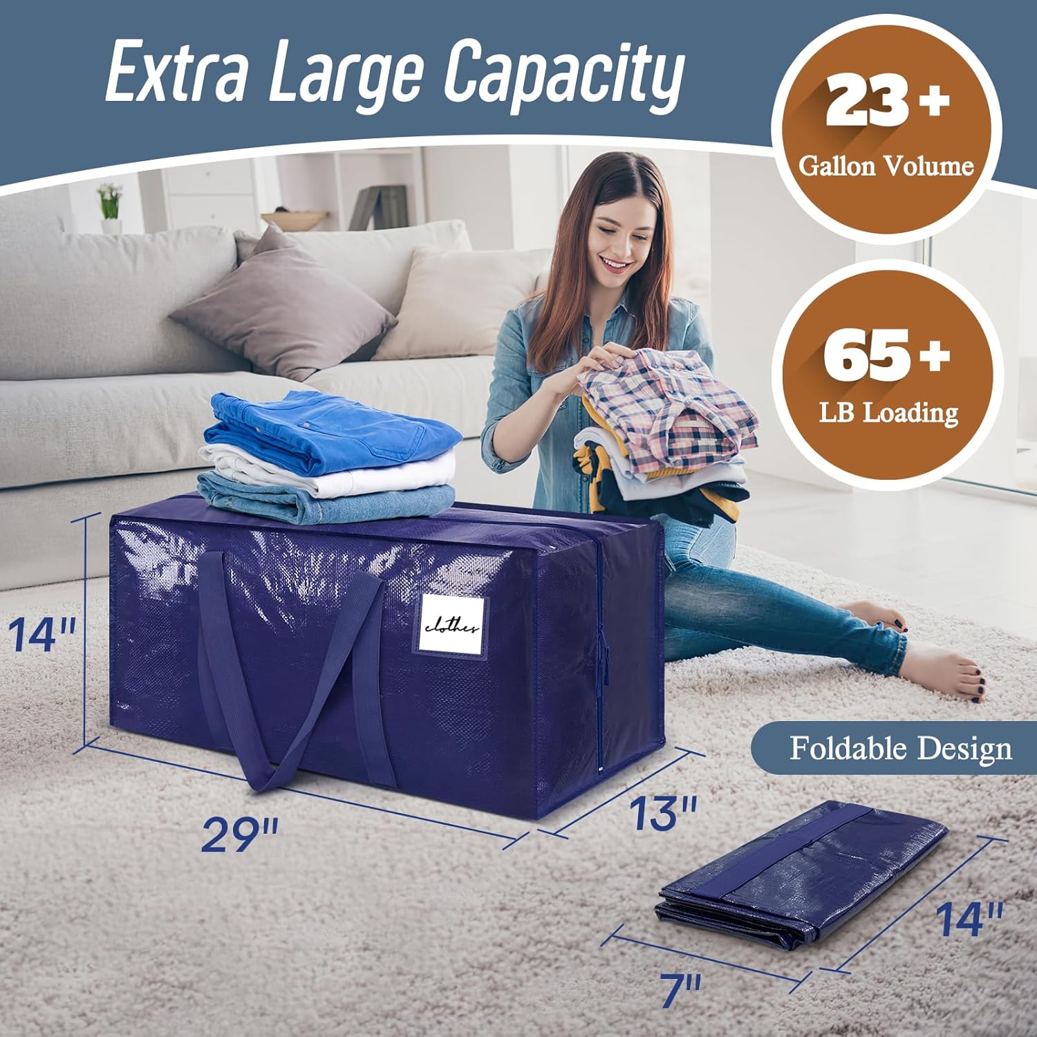 Skiennix Extra Heavy Duty Moving Bags - Large Sturdy Storage Totes with Strong Zipper & Comfortable Handles | Dark Blue, 6 Pack