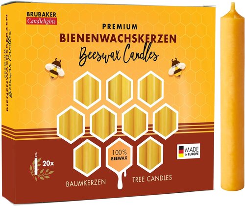 BRUBAKER 100% Beeswax Tree Candles - Honey Colored - Pack of 20 - 3¾ x ½ Inches (9.5 x 1.27cm) - European Made