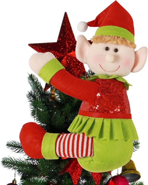 Elf | Tree Topper Christmas Decorations - Unique Plush Stuffed Elf Hugger Decor in Red & Green
