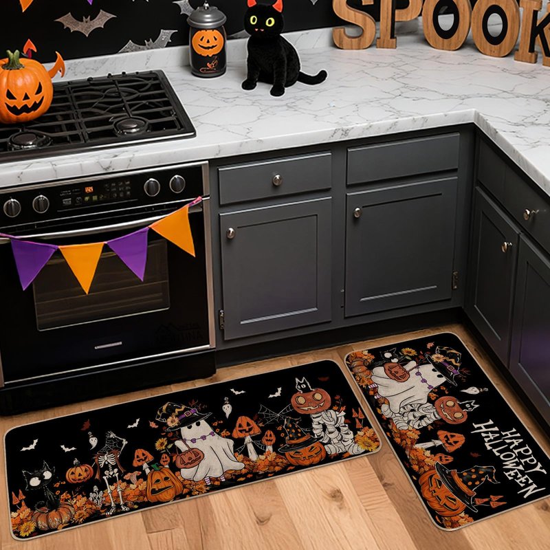 Moutina Happy Halloween Ghost Mushroom Pumpkin Skeleton Decorative Kitchen Rugs Set of 2, Halloween Holiday Party Home Decor Low-Profile Kitchen Mats for Floor - 17x29 and 17x47 Inch Black