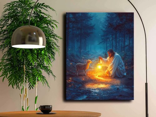 Christian Wall Art Decor - Serenity Prayer & Jesus with Lost Lamb Picture | Inspirational Baptism Gifts for All