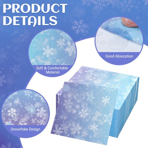 Janlaugh 100 Pcs Bulk Snowflake Paper Napkins Gradient Blue and Purple 3 Ply Disposable Party Napkins for Guest Wonderland Party Hand Towel for Winter Birthday Supplies (9.84 x 9.84 Inches)