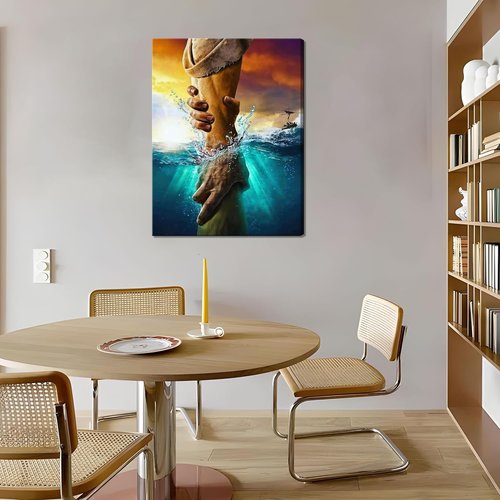 Framed Jesus Canvas Wall Art - The Hand of God Reaching Into Water | Blue Ocean Religious Decor 12x16 Inch
