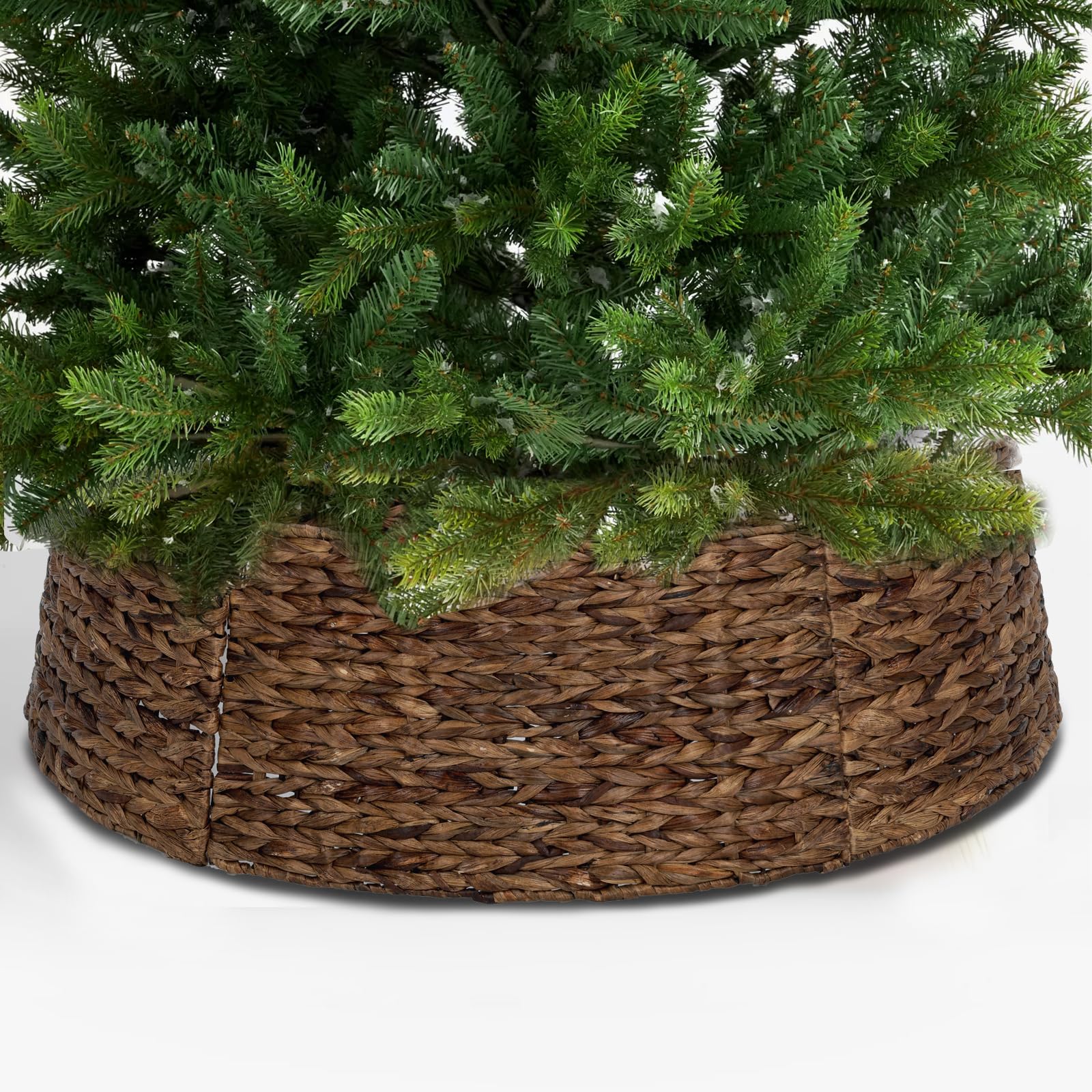 SUNNYPARK Christmas Tree Collar, 28’’ Hand-Woven Natural Water Hyacinth Christmas Tree Collar Basket Base Cover - Chestnut Brown
