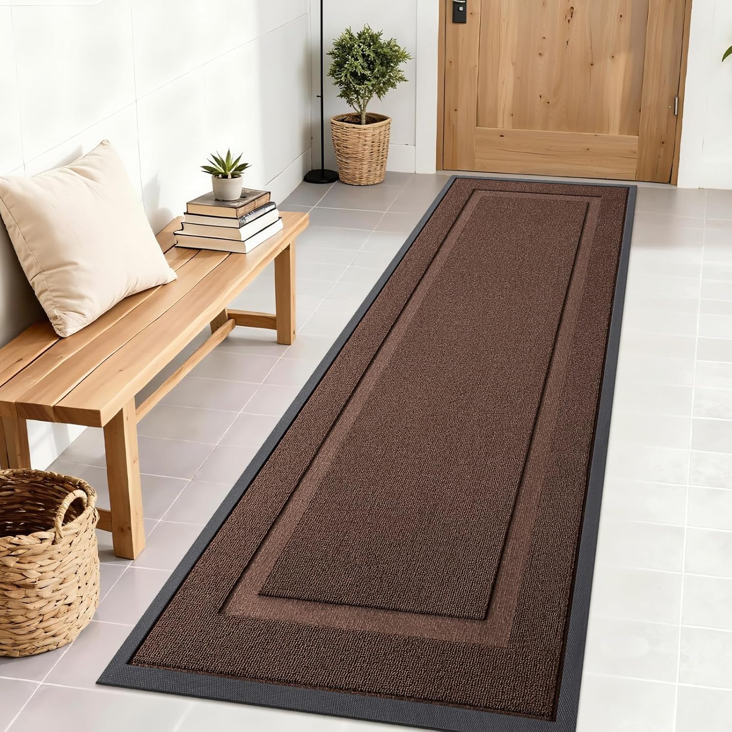 OLANLY Waterproof Front Door Mat - All-Season Natural Rubber Doormat | Easy Clean, 71x23, Chocolate Brown