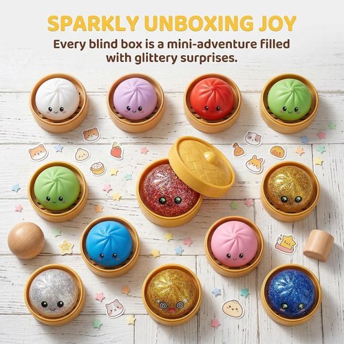Giant Mystery Glitter Dumpling Squishy - Jumbo 4-Inch Stress Ball | 14 Random Colors Gift Box