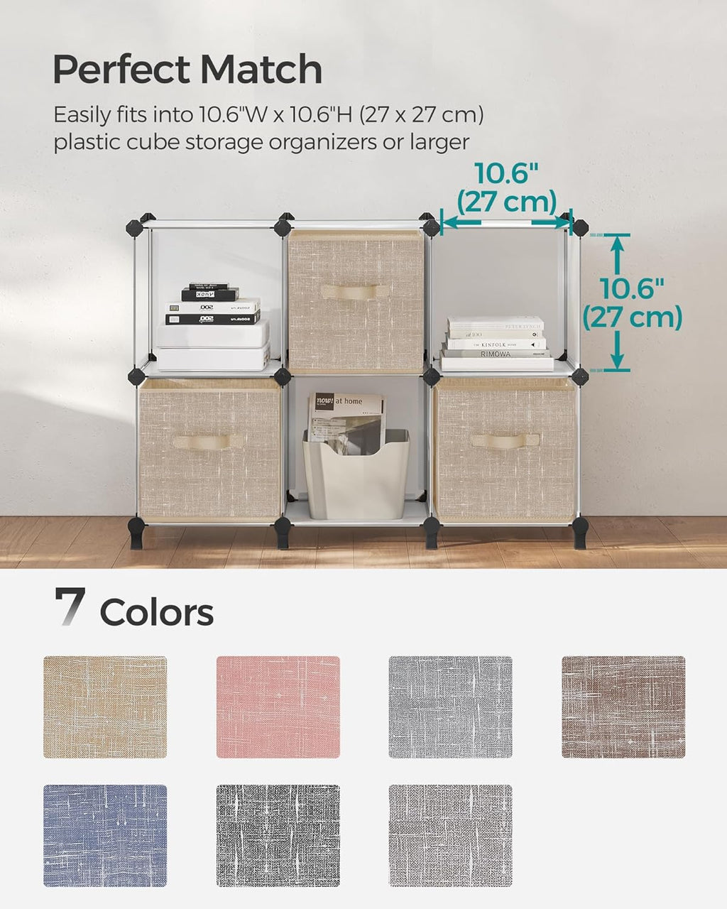 SONGMICS Storage Cubes - 11-Inch Non-Woven Fabric Bins with Double Handles - Set of 6, Sand Beige Closet Organizers