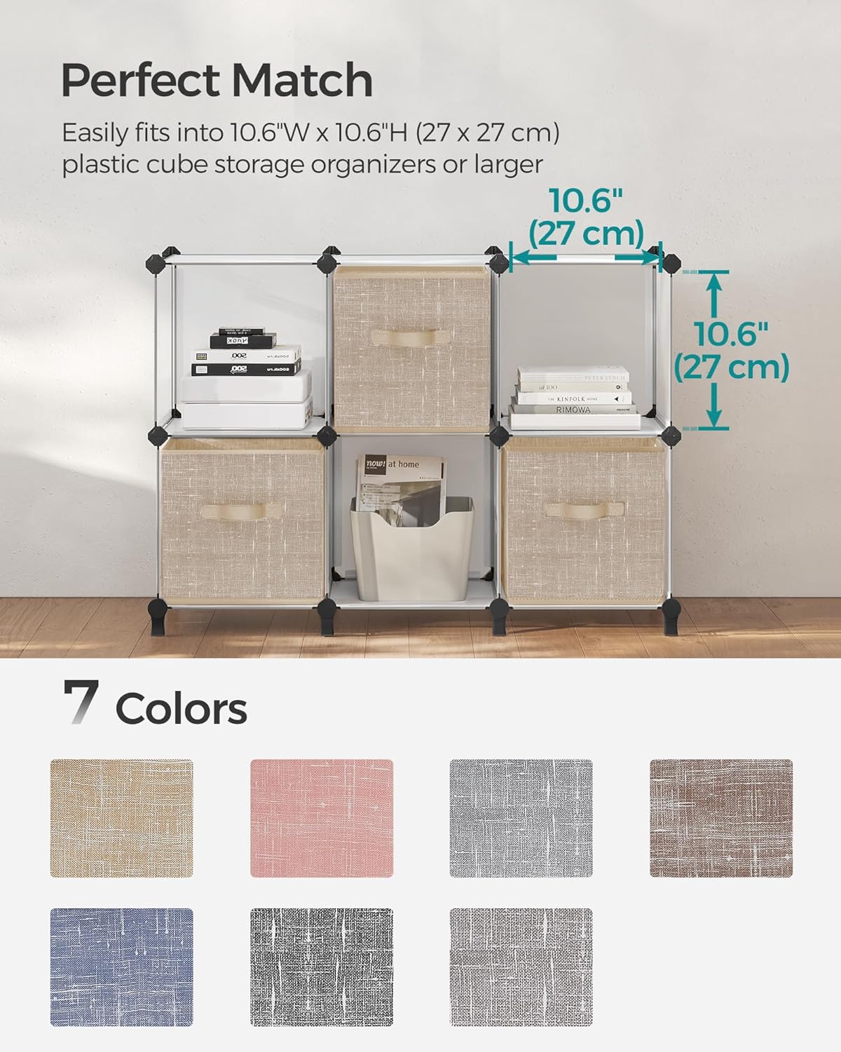 SONGMICS Storage Cubes - 11-Inch Non-Woven Fabric Bins with Double Handles - Set of 6, Sand Beige Closet Organizers
