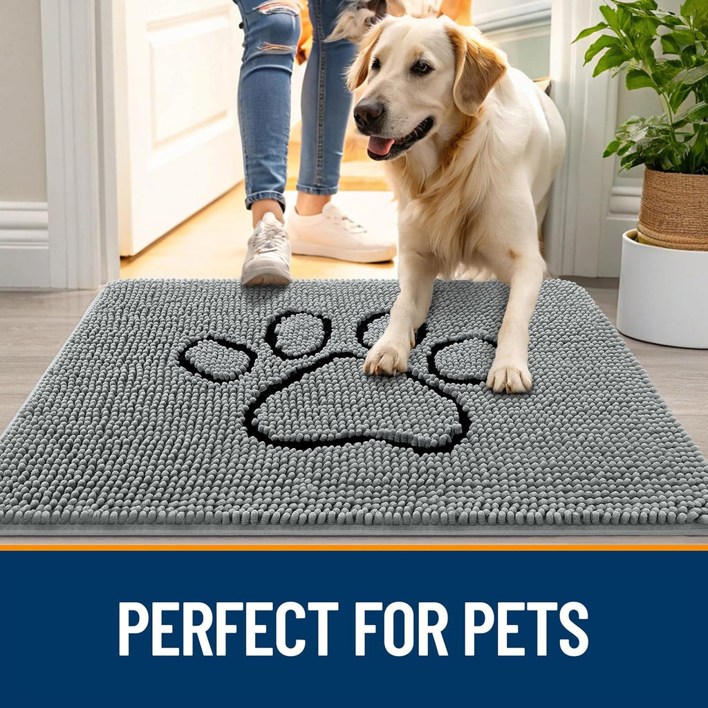 OLANLY Dog Door Mat - Absorbent Non-Slip Muddy Paws Design | Quick Dry Chenille 70x46 Grey Doormat