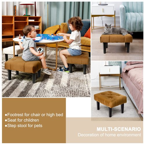 HOUCHICS Small Footstool Ottoman,Velvet Soft Footrest Ottoman with Wood Legs,Sofa Footrest Extra Seating for Living Room Entryway Office(Coffee 2PACK)