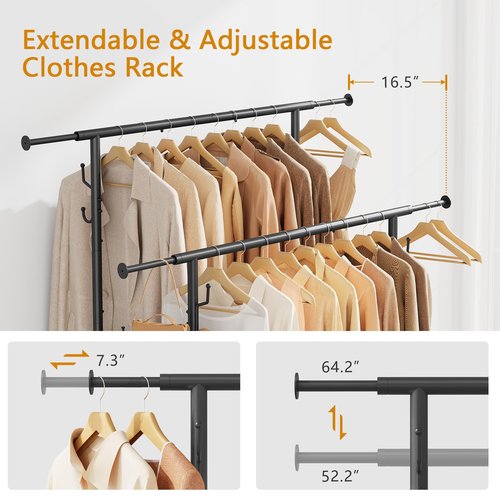 Double Rod Garment Rack with Wheels, Heavy Duty Rolling Clothes Rack For Hanging Clothes, Portable Metal Clothing Rack with Shelves,Black, 64.2inch Chrome
