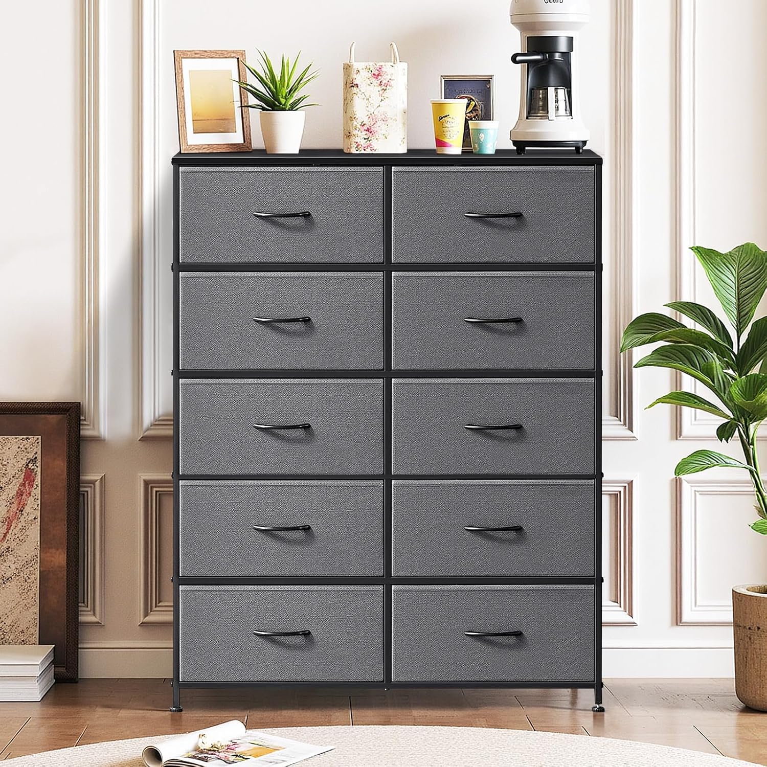 Regine Switzerland 10-Drawer Dresser - Anti-Tip Tall Storage Organizer with Wooden Top & Metal Frame - Gray