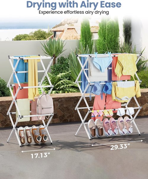 APEXCHASER Clothes Drying Rack - 3-Tier Expandable Metal Laundry Dryer | Collapsible Air Drying Rack, White