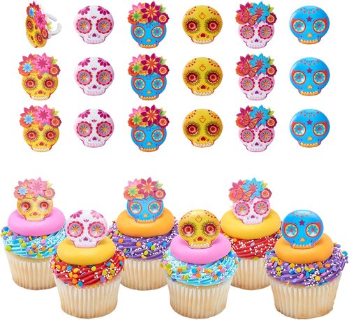 DecoPac Calavera Mask Cupcake Toppers - 24 Día de los Muertos Skull Rings for Parties & Celebrations
