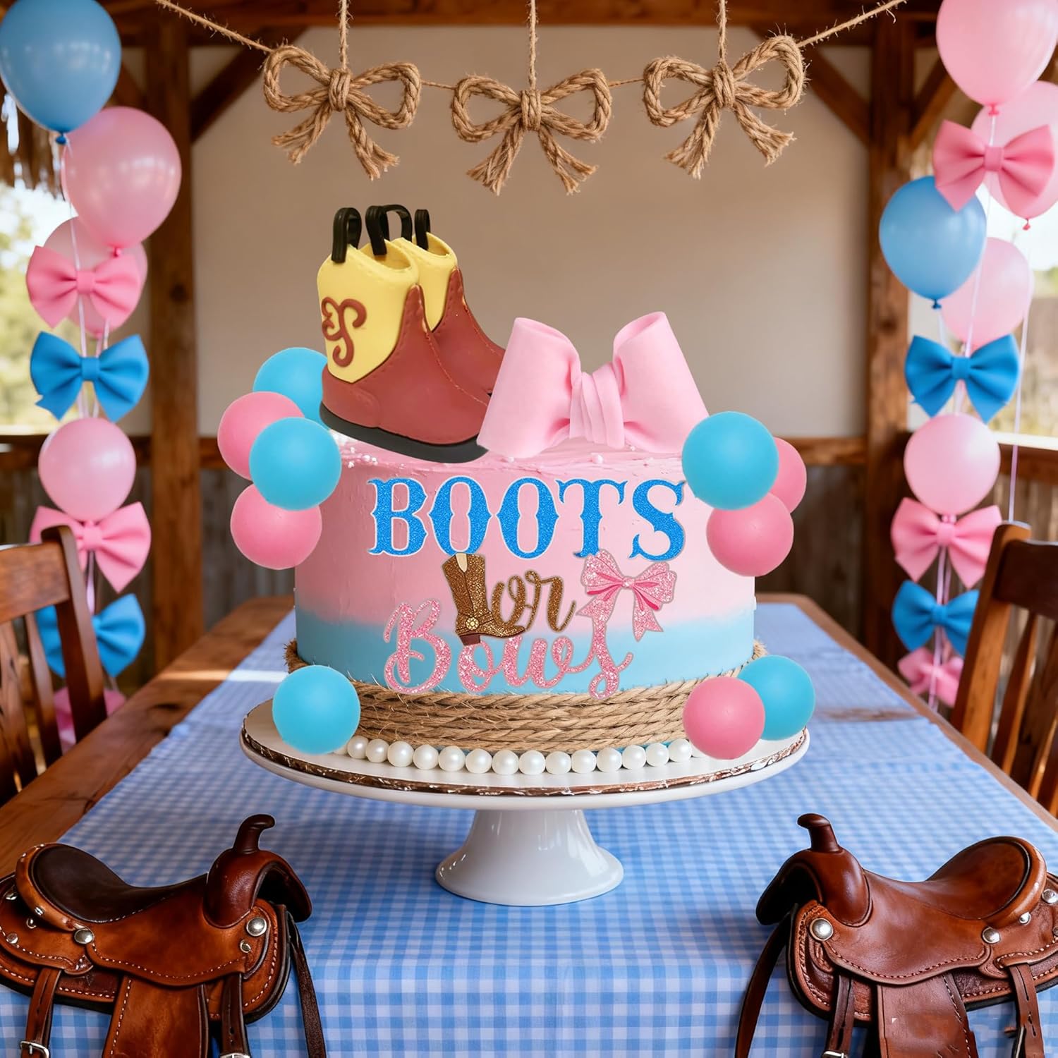 Skiennix Gender Reveal Cake Decorations - Acrylic Boots & Bows Cake Toppers Set for Baby Shower
