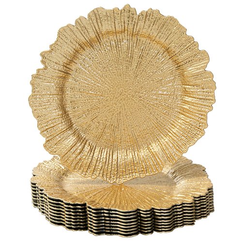 MAONAME 13" Gold Charger Plates Set of 10, Reef Plate Chargers, Round Charger for Dinner Plates, Plastic Table Chargers for Wedding Decor