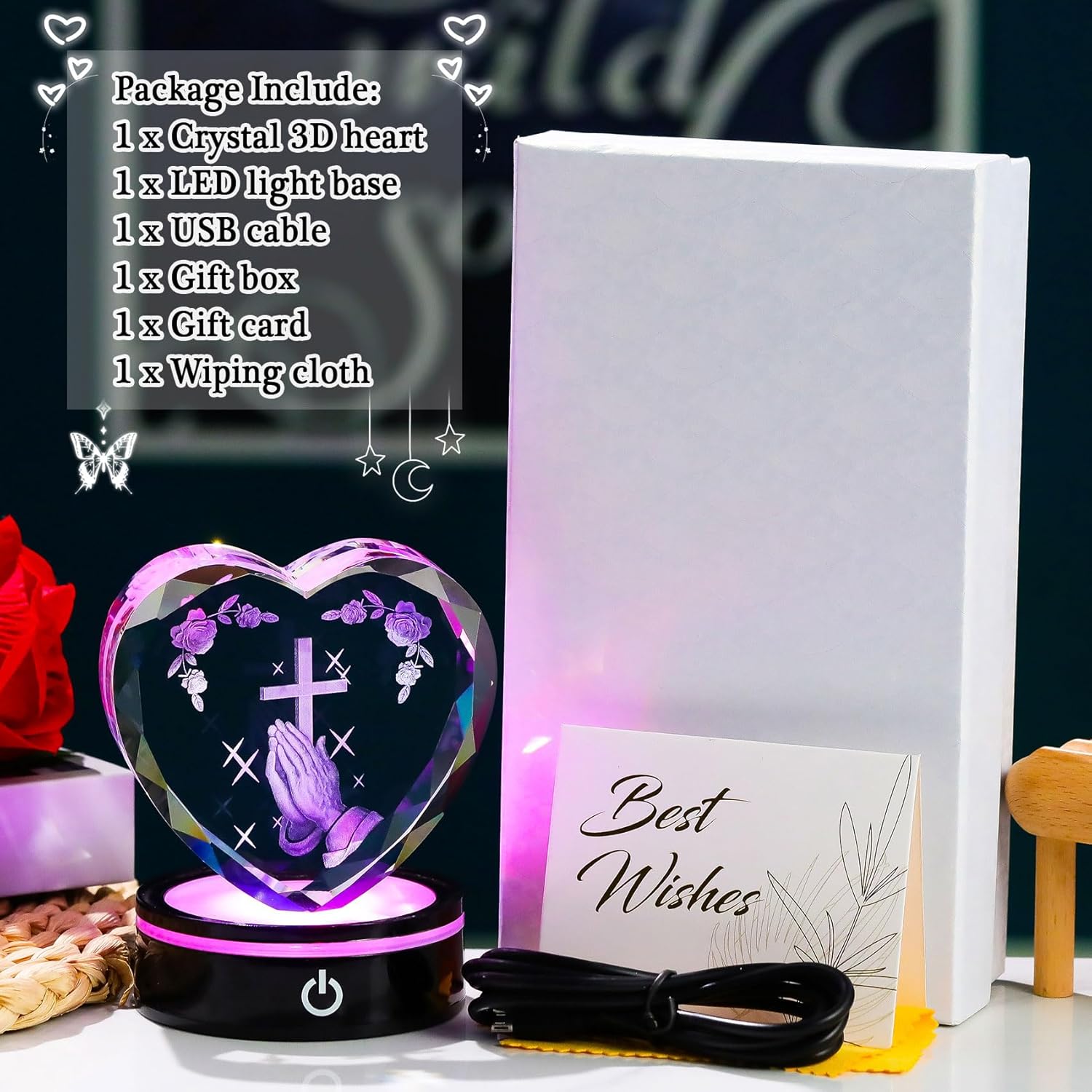 Ornalrist Crystal Heart 3D Praying Hands | Colorful LED Base Night Light Gift for Christians