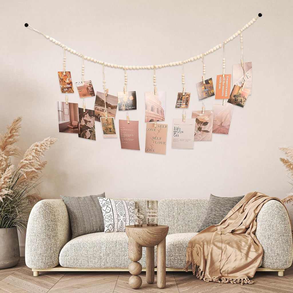Skiennix Hanging Photo Display - 18 Wood Clips for Boho Wall Décor | Perfect for Bedroom & Living Room