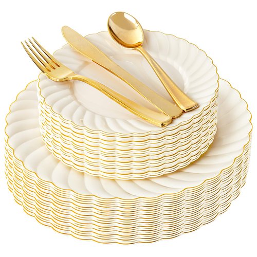 YOUBET 125PCS Scalloped Plastic Plates - Ivory Scalloped Disposable Plates - Gold Plastic Dinnerware Set Include 50 Plates, 75 Gold Silverware for Party & Wedding