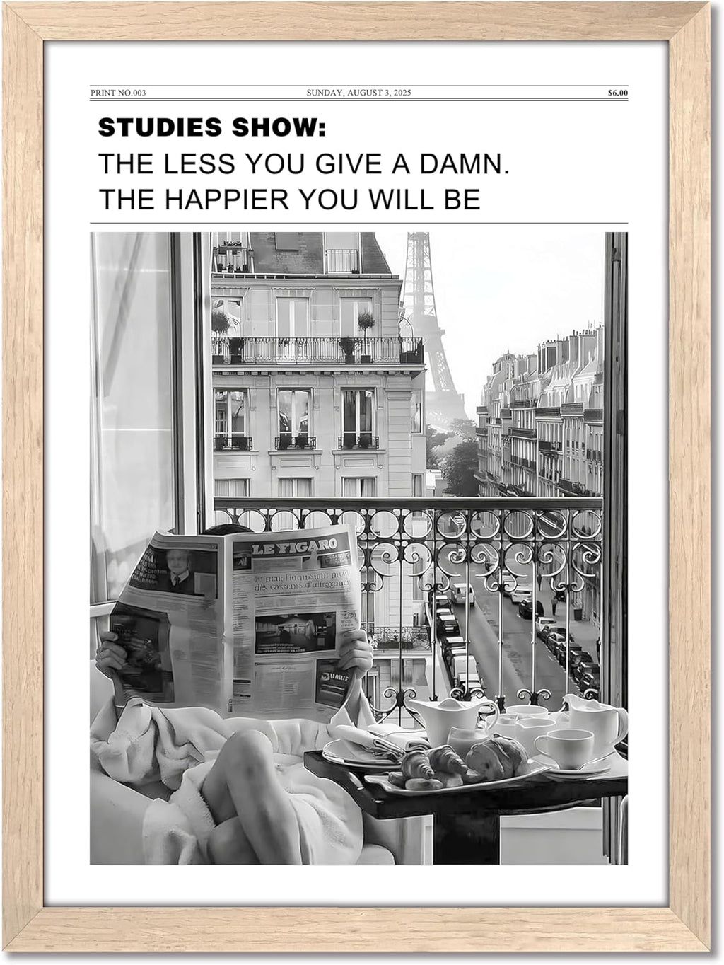 Vintage Black and White Newspaper Wall Art - Positive Headline Canvas Print for Bedroom & Bathroom | 8x10 Inch Light Wood Frame