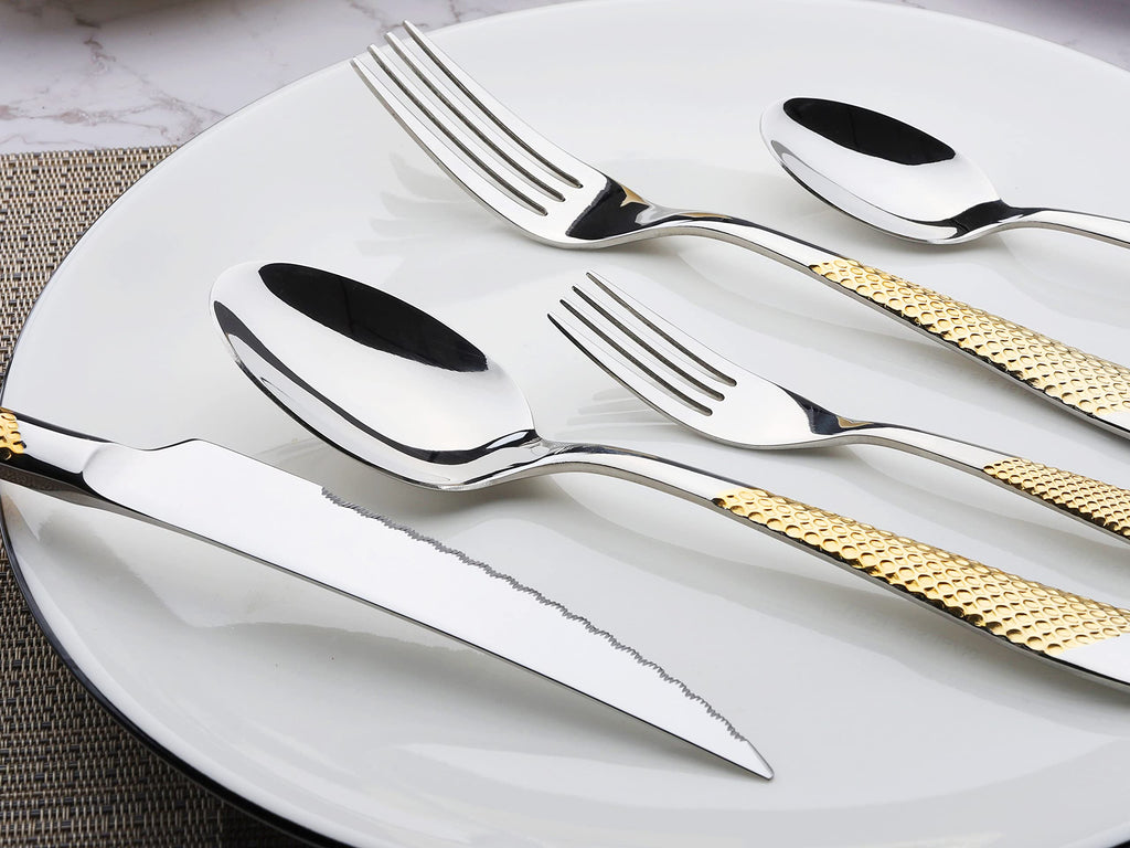 Gold Silverware Set 20-Piece Stainless Steel Flatware Cutlery Set Service for 4 Kitchen Tableware Utensil Set Includes Knives Spoons Forks For Home Kitchen Restaurant