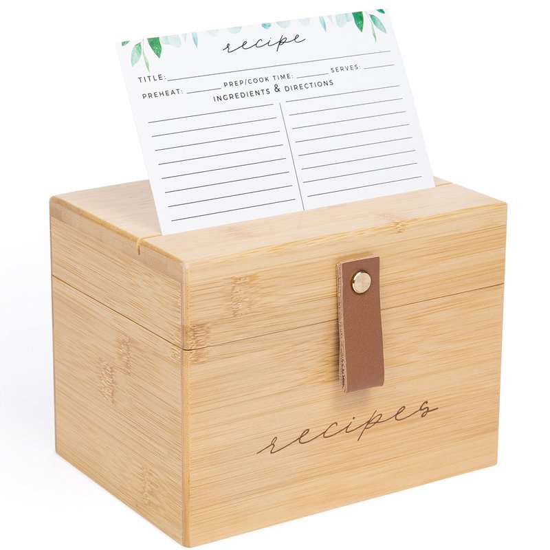 Pera Blanca Recipe Box with Cards and Dividers | Faux Leather Handle | 50 Eucalyptus Patterned Recipe Cards | Wooden Box | Housewarming Gift | 4x6