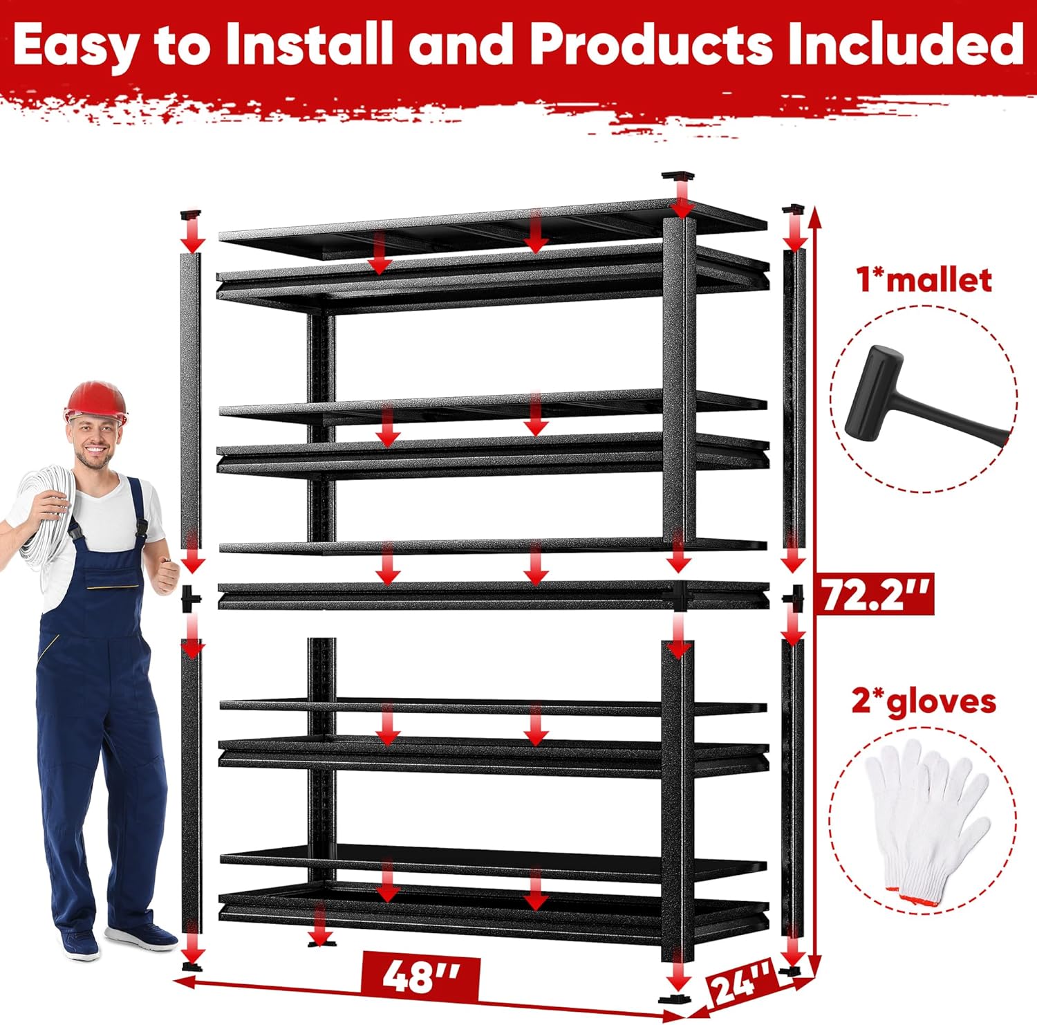 POKIPO Heavy Duty Garage Shelving - 72"H x 47.2"W x 23.6"D | 5-Tier Adjustable Metal Storage Rack, 3500LBS Capacity