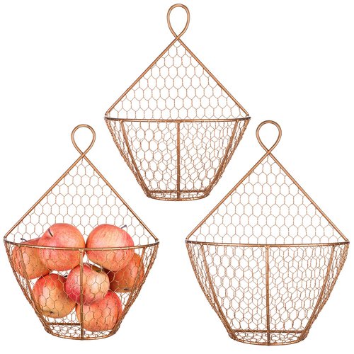 MyGift Set of 3, Farmhouse Copper Metal Wire Mesh Wall Hanging Baskets, Wall-Mounted Storage Basket, Decorative Kitchen Fruit Wall Basket Produce Holder