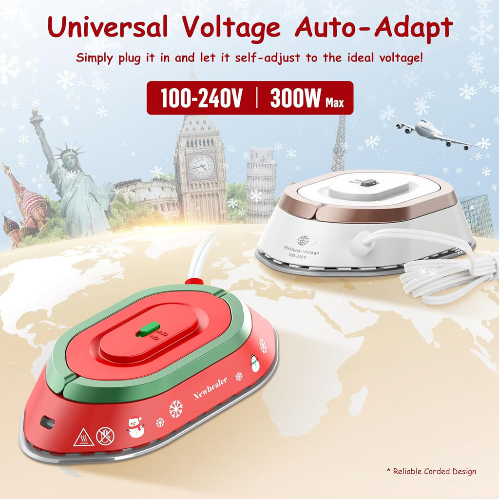 Newbealer Travel Iron - Mini Dry Iron for Clothes | Global Voltage 100-240V, 302℉, Lightweight 0.8lb, Classic Red