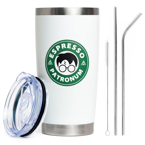 Maako Espresso Patronum Potter Stainless Steel Double-Insulated 20oz White Tumbler Mug with Leak-Proof Lid - Metal Straw and Brush Included - Harry P Cup Gift