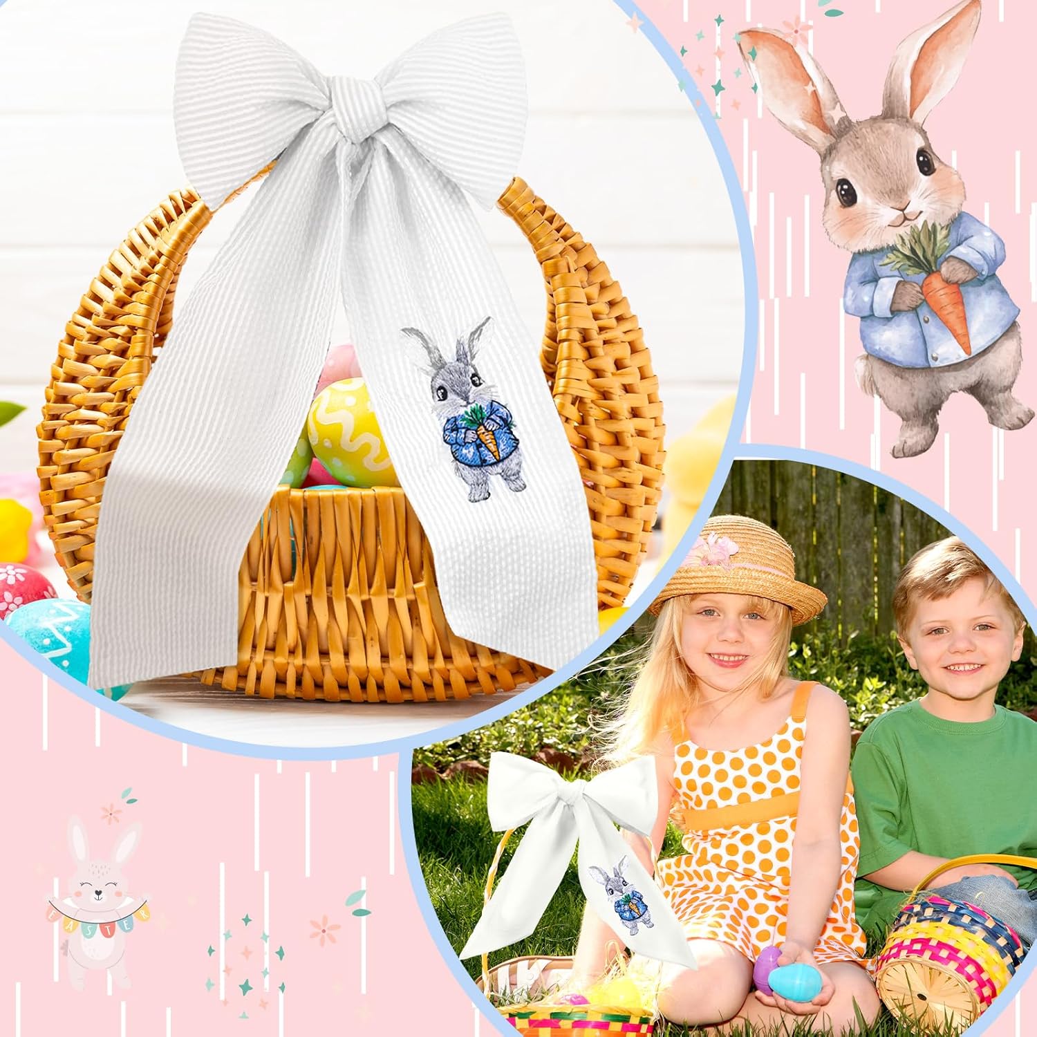 Wavwavw Seersucker Easter Basket - Embroidered Bunny Design with Large Pastel Gift Bow | White
