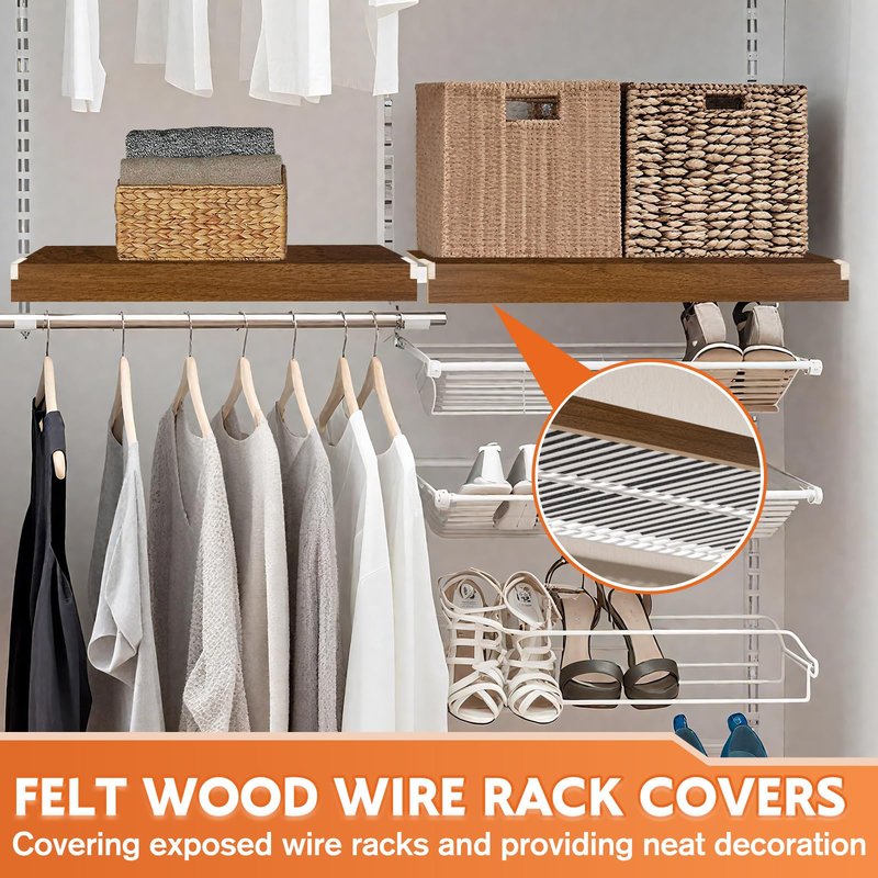 5 Pack Wooden Wire Rack Cover 24 * 12IN Shelf Covers with Back Felt Clamp Fixed Pantry Shelf Cover for Removable Closet Bathroom Kitchen (Walnut)