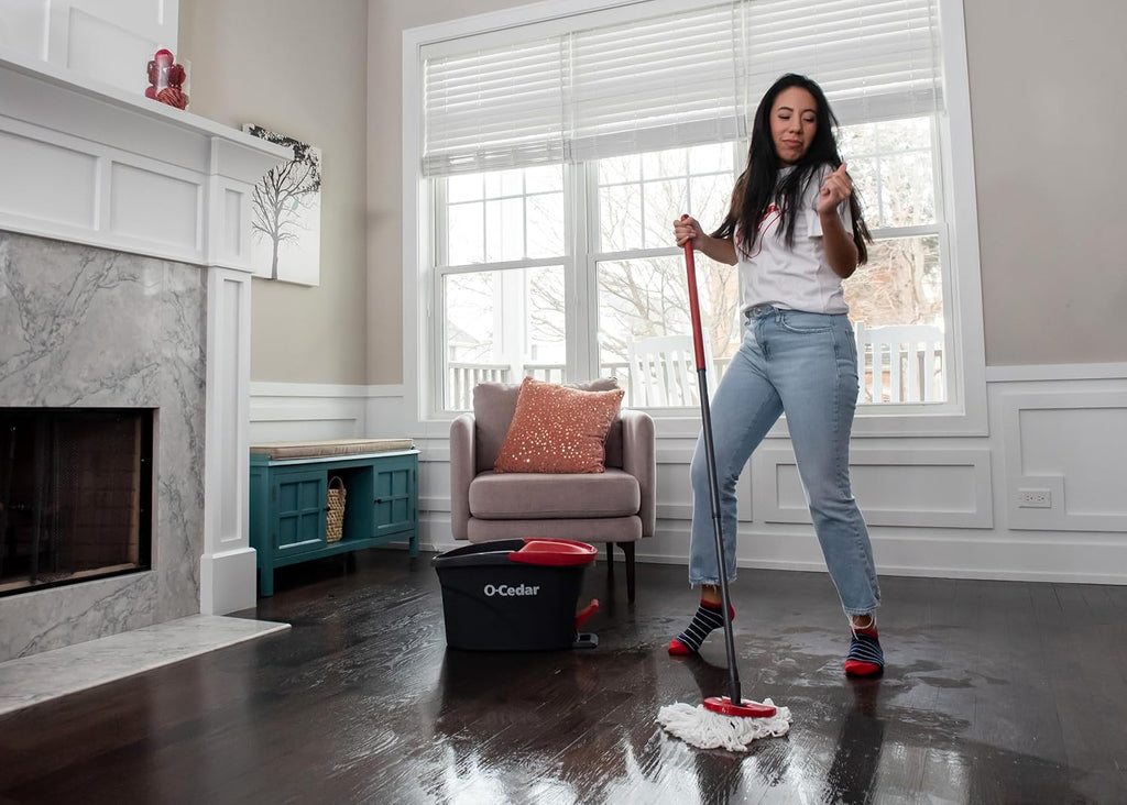 O-Cedar EasyWring Microfiber Spin Mop & Bucket Cleaning System - Includes 2 Extra Refills, Red/Gray